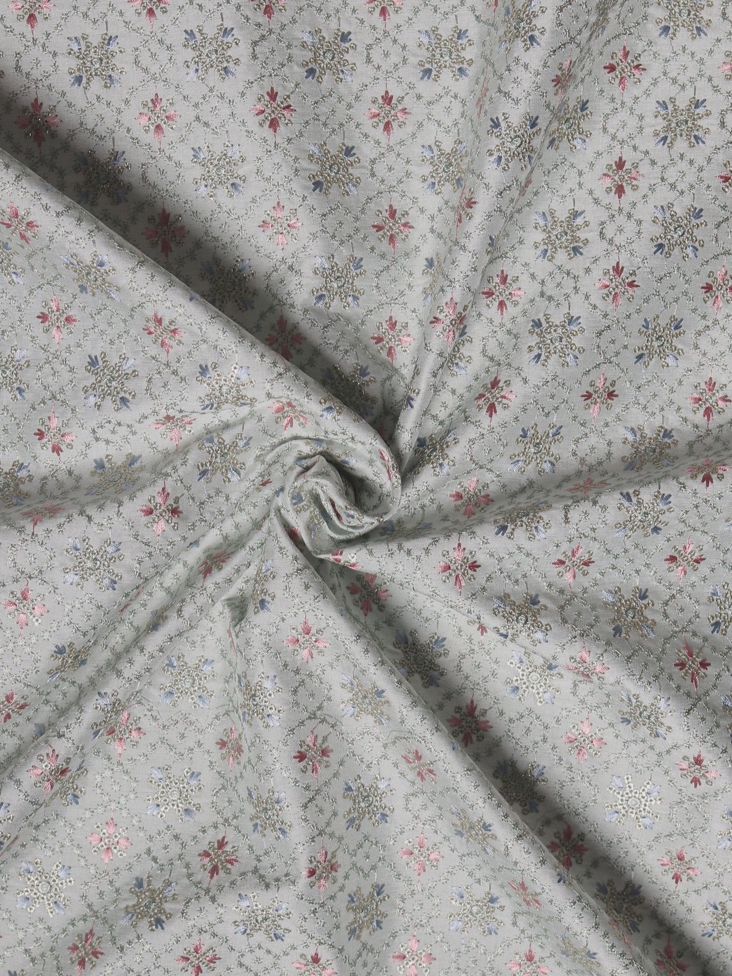 Elegant Light Teal Embroidered Fabric with Floral Medallion Motifs