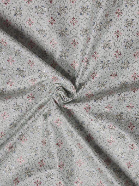 Elegant Light Teal Embroidered Fabric with Floral Medallion Motifs