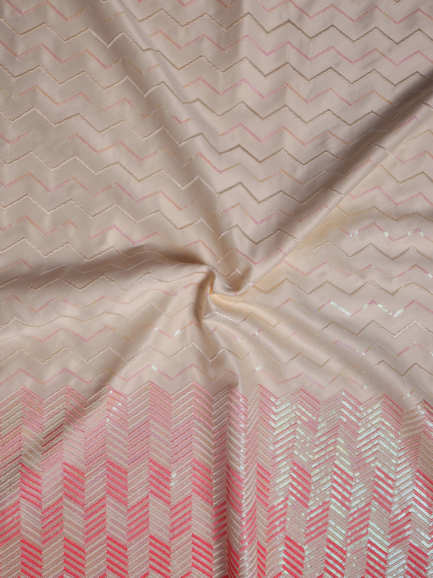 Cream with Red Zig-Zag Embroidery Silk Fabric