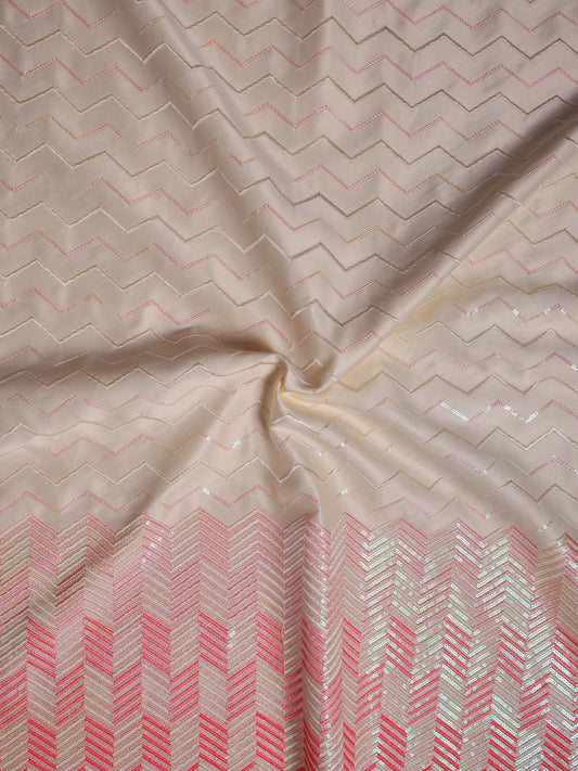Cream with Red Zig-Zag Embroidery Silk Fabric