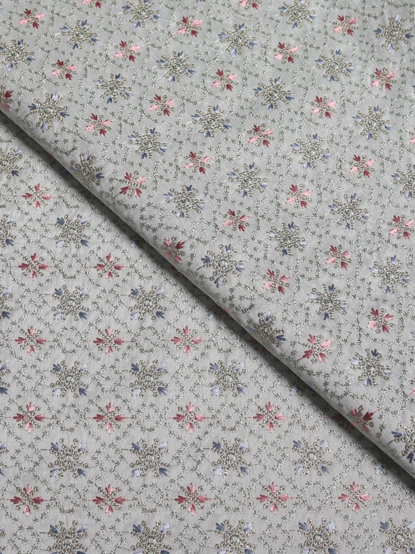 Elegant Light Teal Embroidered Fabric with Floral Medallion Motifs