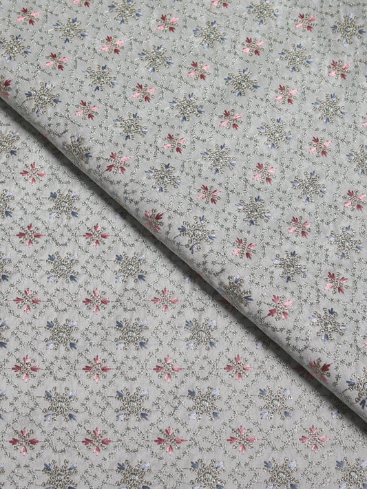 Elegant Light Teal Embroidered Fabric with Floral Medallion Motifs