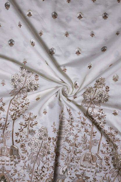 Elephant & Floral Embroidery with Nature Motifs In Viscose Silk