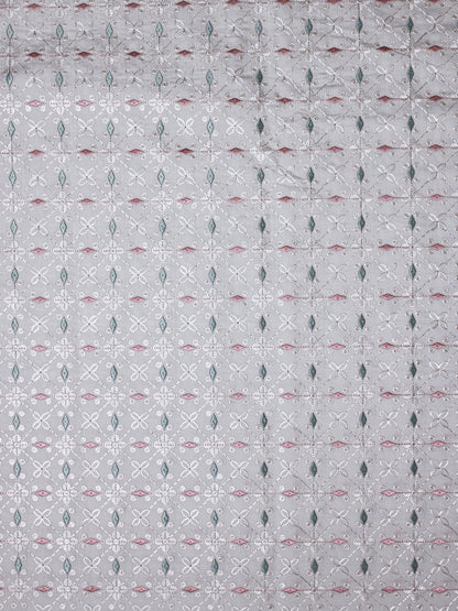 Pastel Floral Embroidered Cotton Fabric – Soft Grey Base with Pink & Green Accents