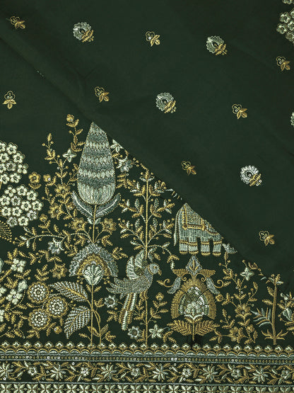 Elephant & Floral Embroidery with Nature Motifs In Viscose Silk