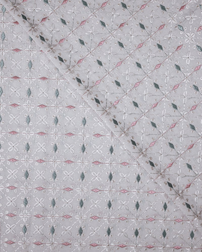 Pastel Floral Embroidered Cotton Fabric – Soft Grey Base with Pink & Green Accents
