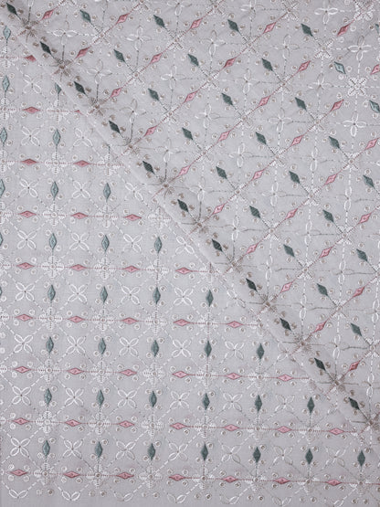 Pastel Floral Embroidered Cotton Fabric – Soft Grey Base with Pink & Green Accents