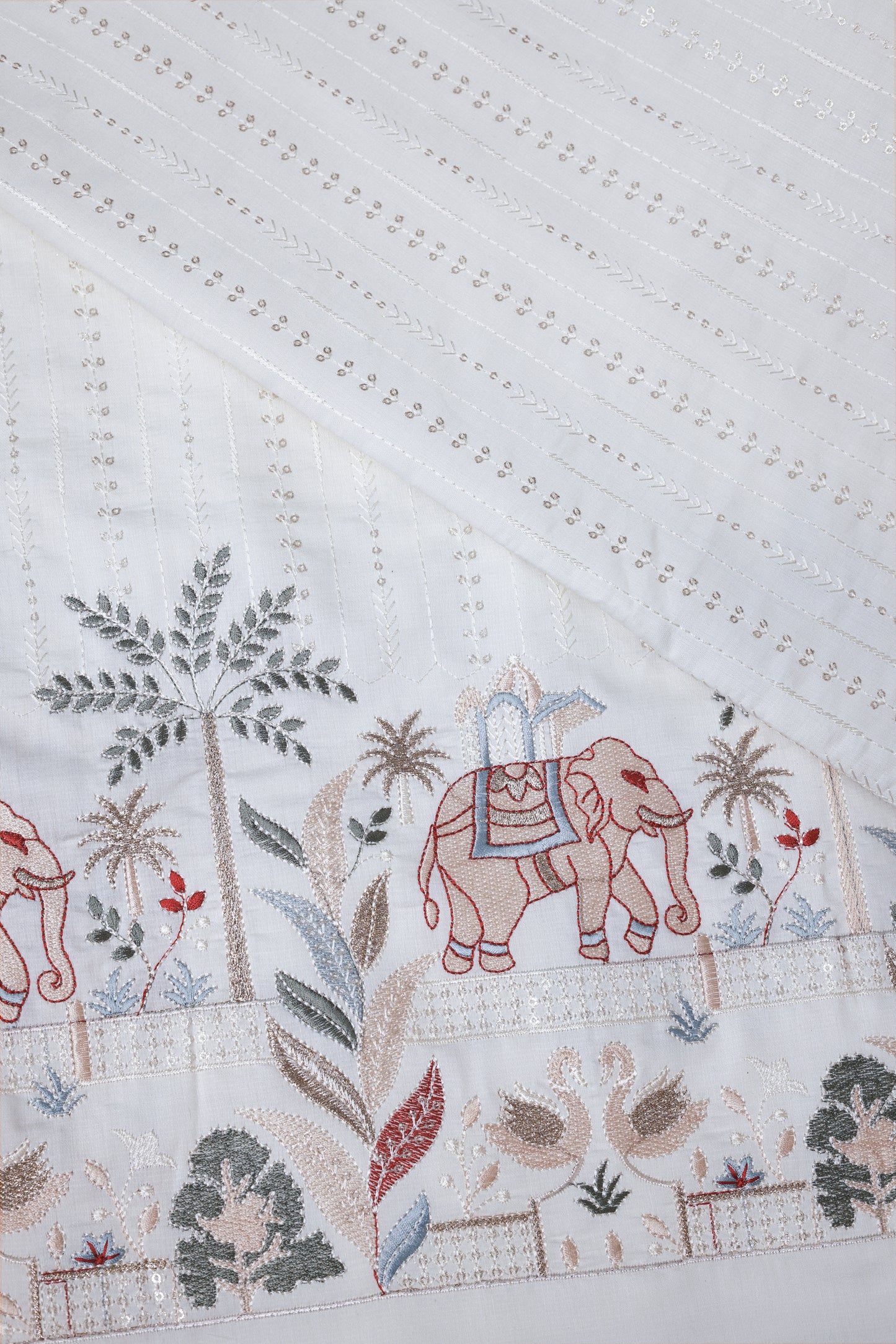 White Embroidered Fabric with Elephant & Nature Motif Premium Ethnic Design