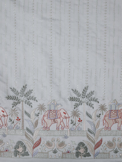 White Embroidered Fabric with Elephant & Nature Motif Premium Ethnic Design