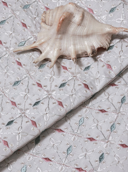 Pastel Floral Embroidered Cotton Fabric – Soft Grey Base with Pink & Green Accents