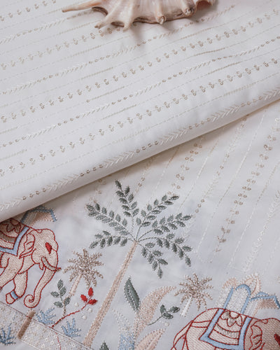 White Embroidered Fabric with Elephant & Nature Motif Premium Ethnic Design