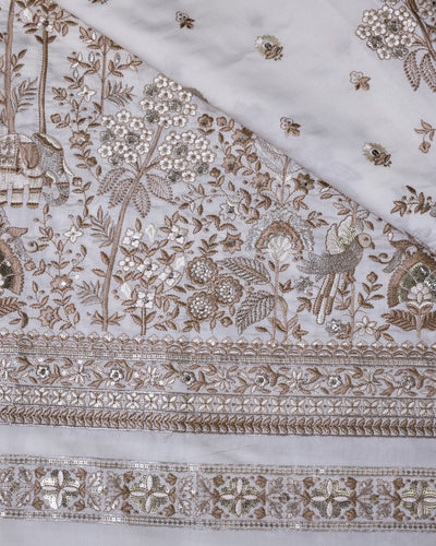 Elephant & Floral Embroidery with Nature Motifs In Viscose Silk