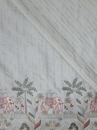 White Embroidered Fabric with Elephant & Nature Motif Premium Ethnic Design