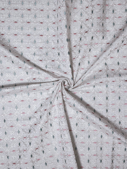 Pastel Floral Embroidered Cotton Fabric – Soft Grey Base with Pink & Green Accents