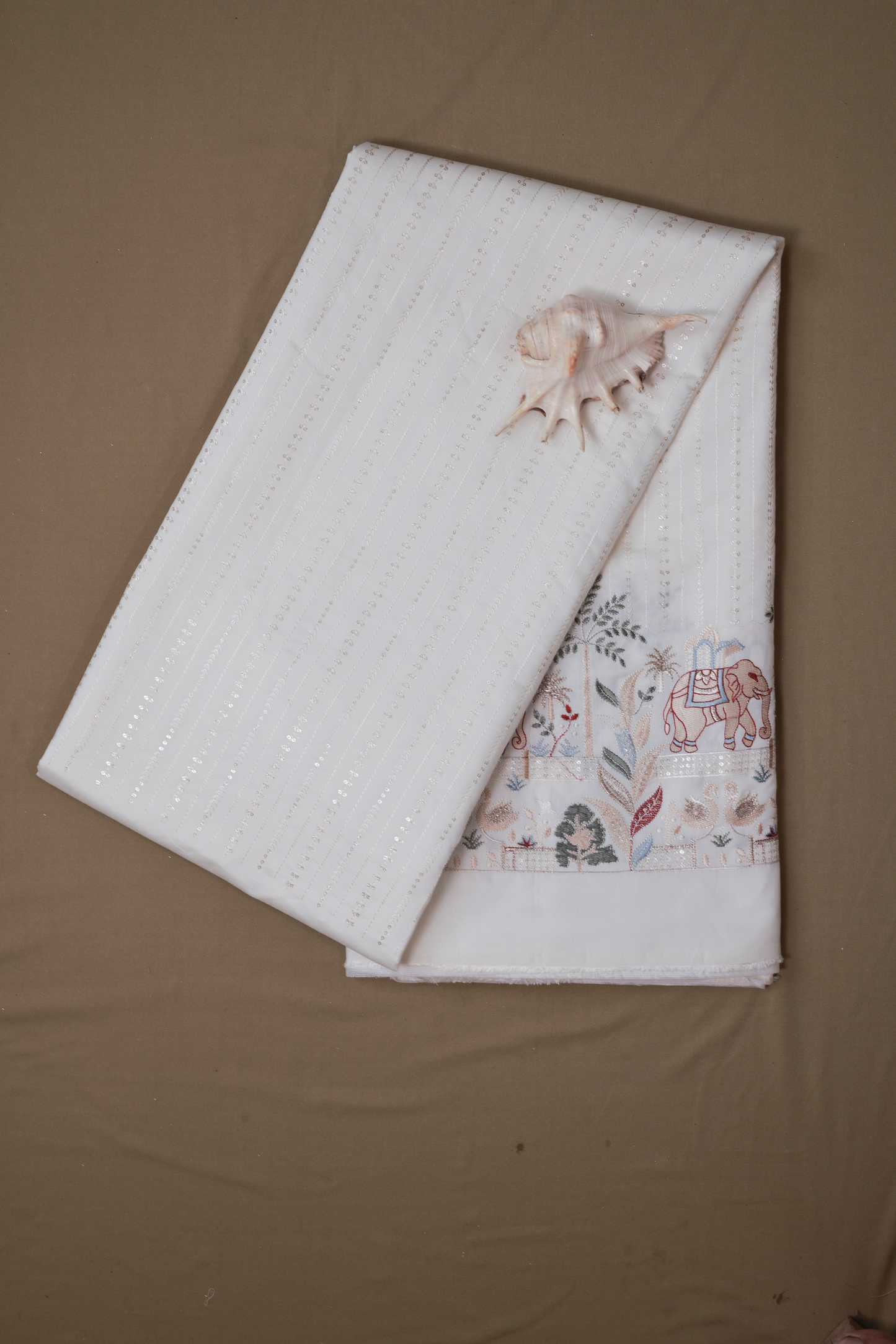 White Embroidered Fabric with Elephant & Nature Motif Premium Ethnic Design