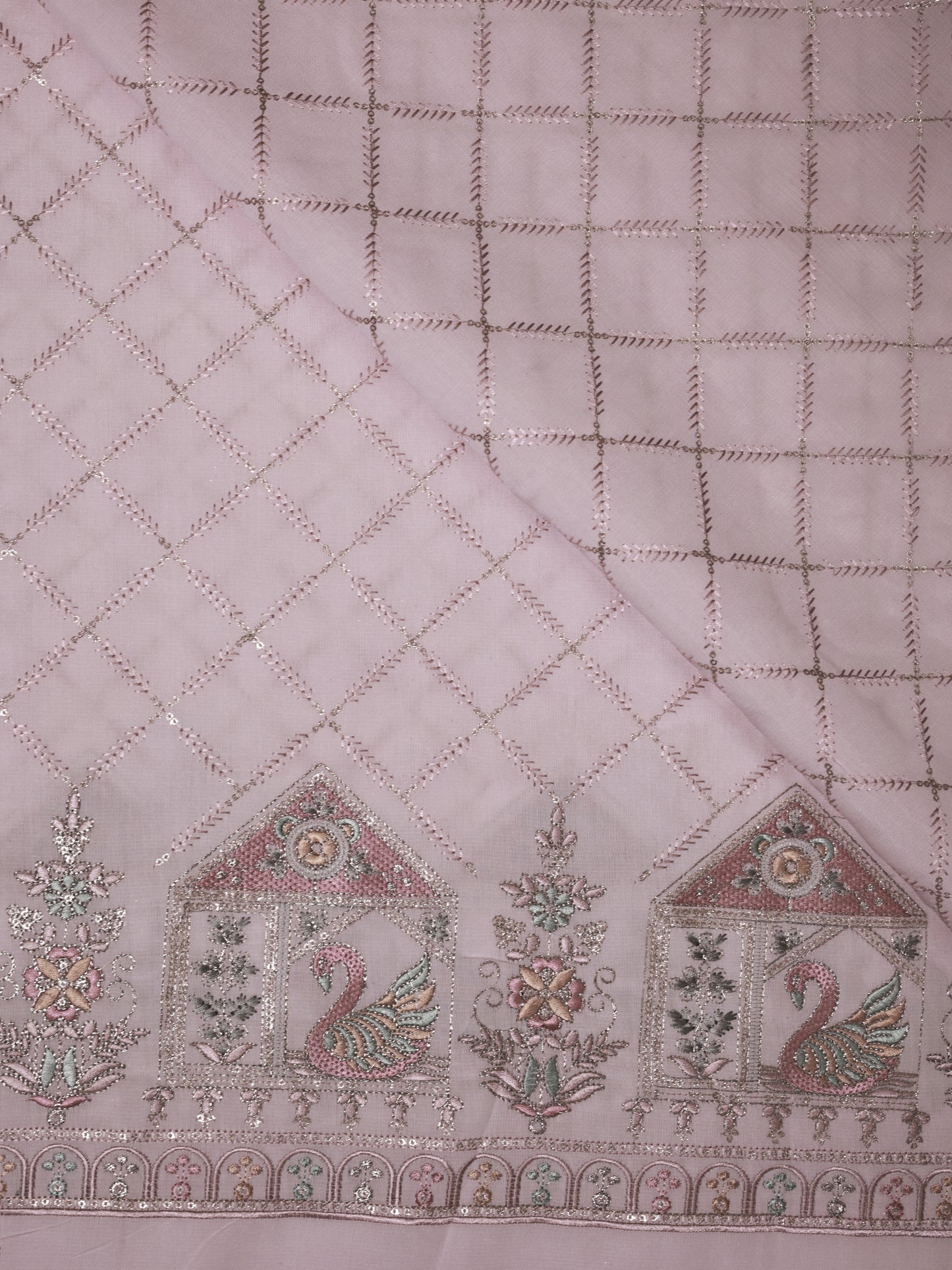 Embroidered Fabric with Swan and Floral Motifs