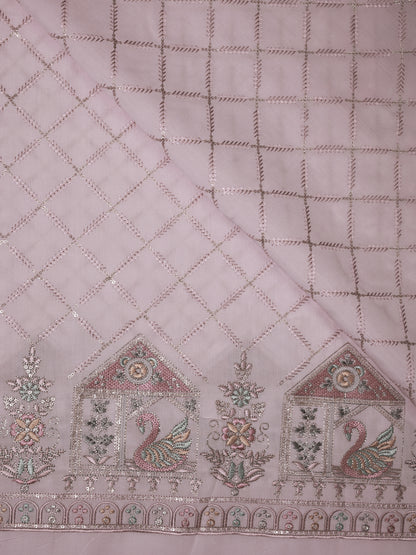 Embroidered Fabric with Swan and Floral Motifs