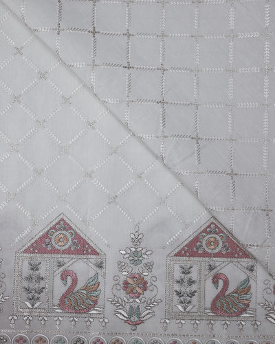 Embroidered Fabric with Swan and Floral Motifs