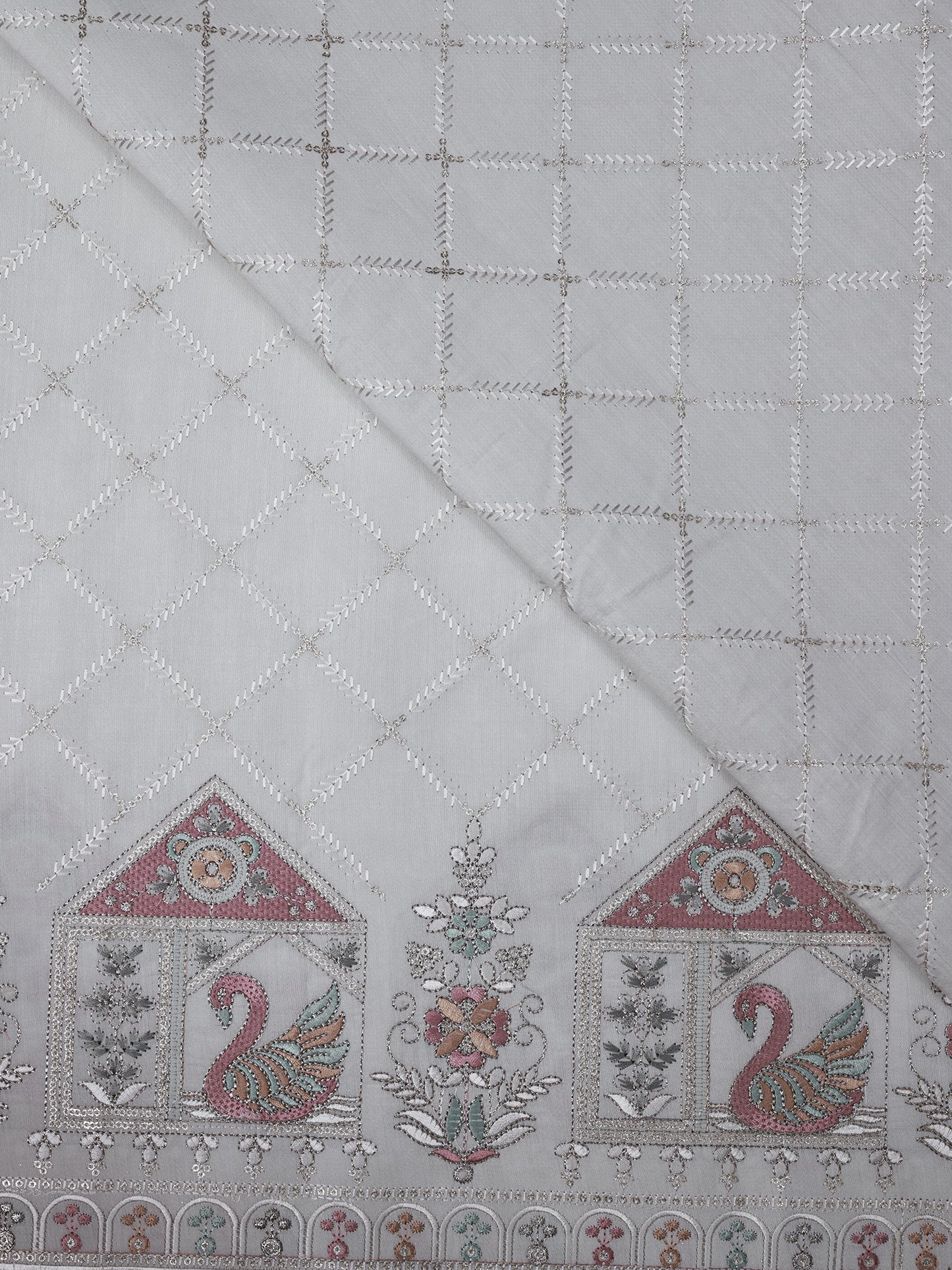 Embroidered Fabric with Swan and Floral Motifs