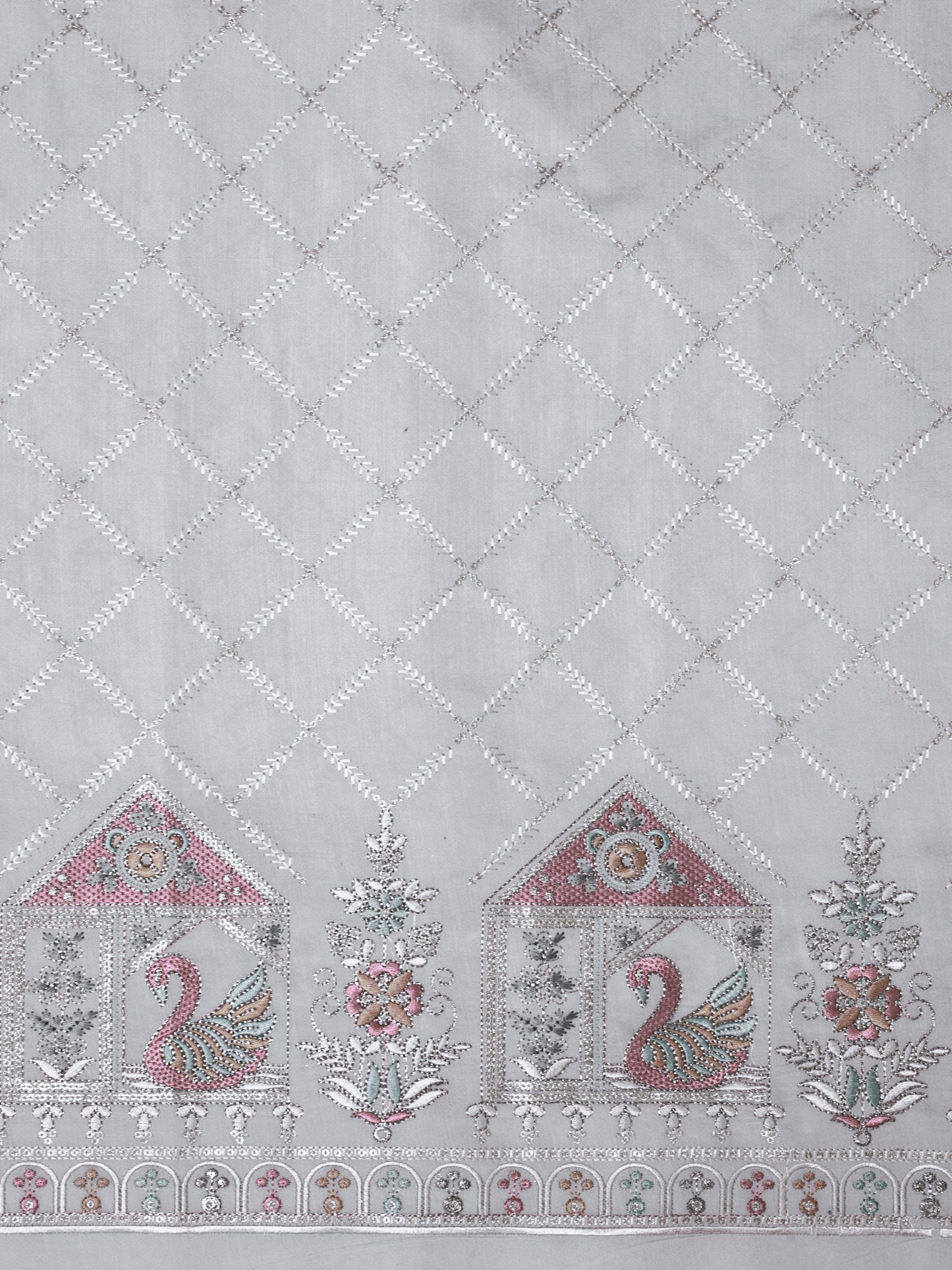 Embroidered Fabric with Swan and Floral Motifs