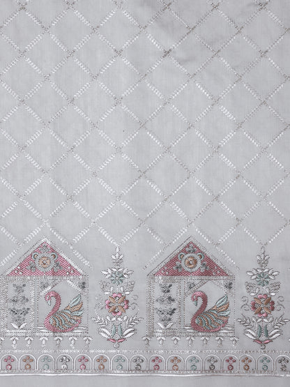 Embroidered Fabric with Swan and Floral Motifs