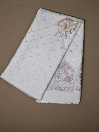 Embroidered Fabric with Swan and Floral Motifs