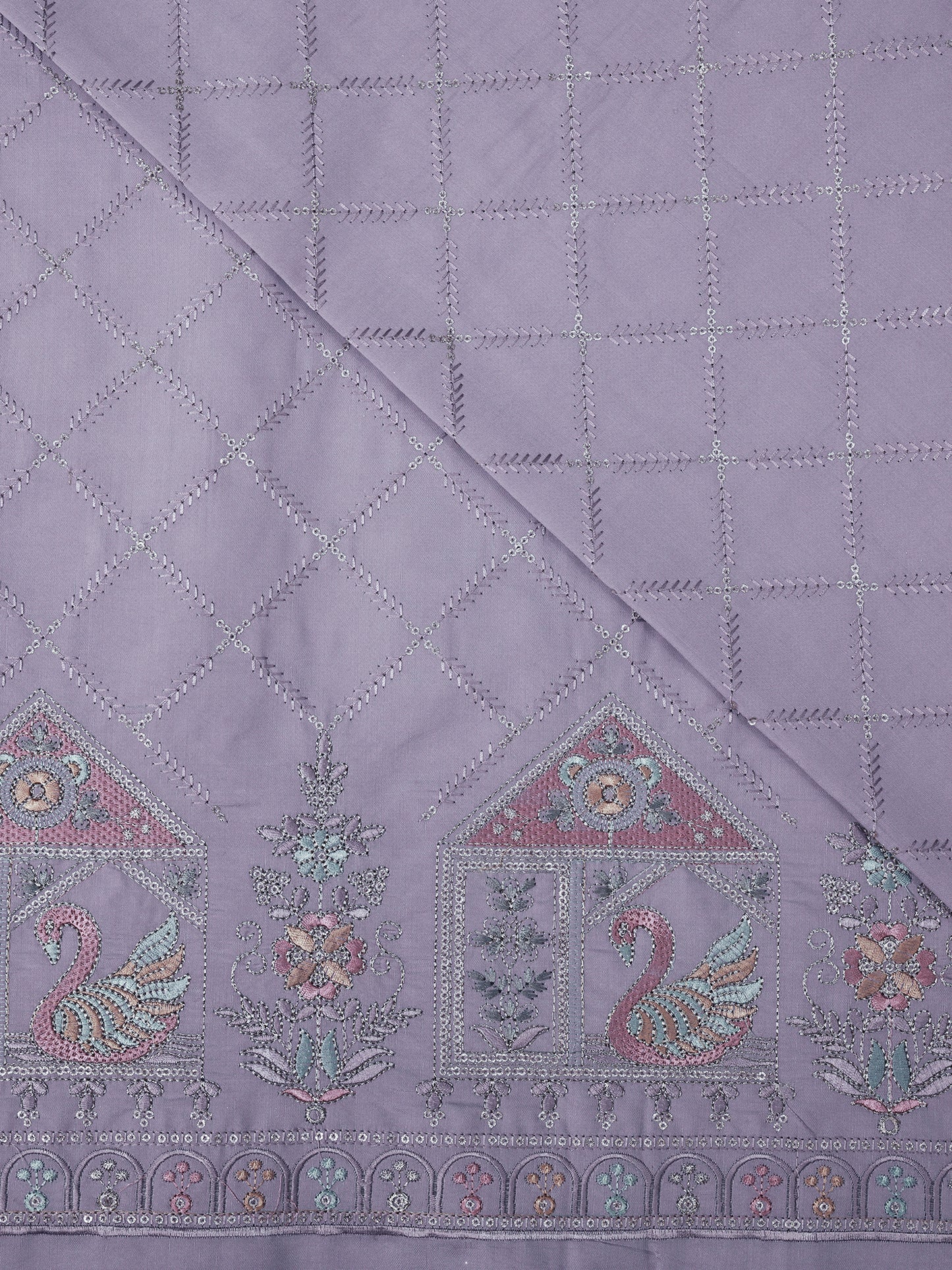 Embroidered Fabric with Swan and Floral Motifs