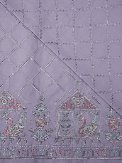 Embroidered Fabric with Swan and Floral Motifs