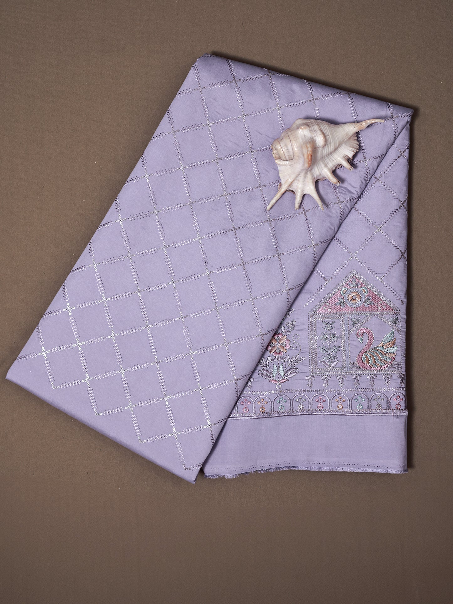 Embroidered Fabric with Swan and Floral Motifs
