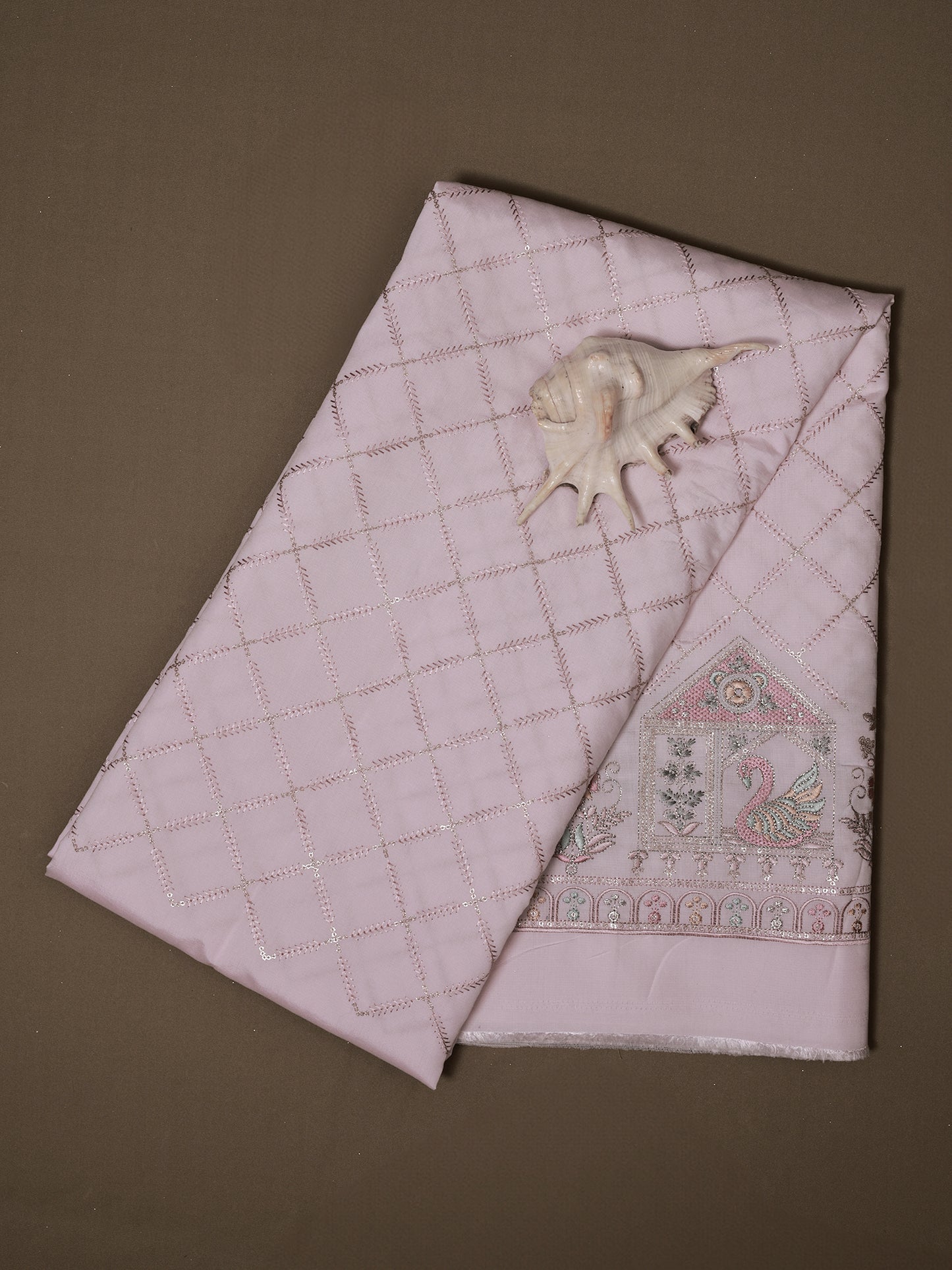 Embroidered Fabric with Swan and Floral Motifs