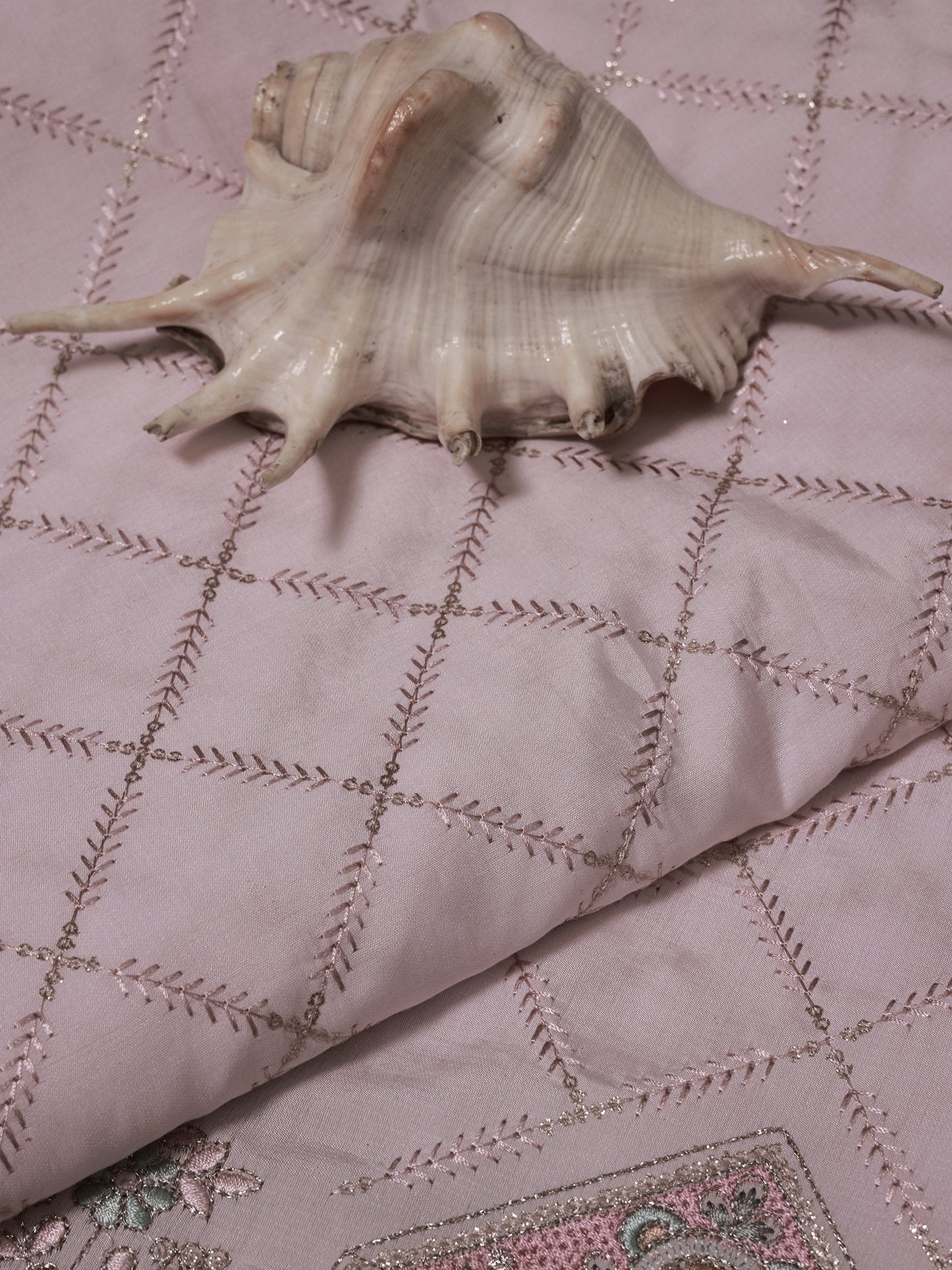 Embroidered Fabric with Swan and Floral Motifs