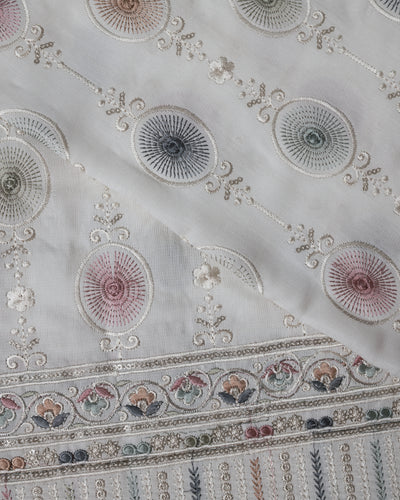 Embroidered Fabric with Circular and Floral Motifs