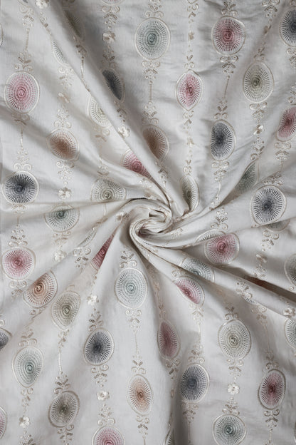 Embroidered Fabric with Circular and Floral Motifs