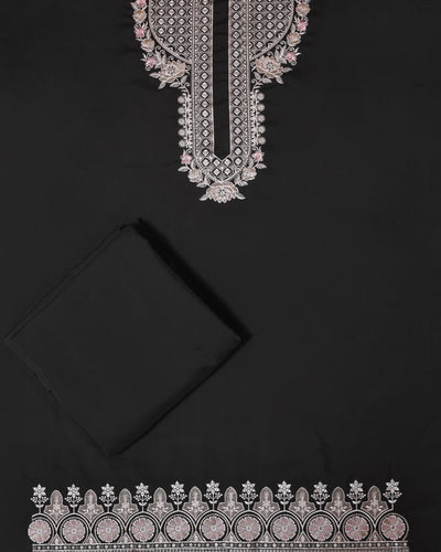 Unstitched Suit with Intricate White & Pink Thread Embroidery – Elegant Neck & Border Design