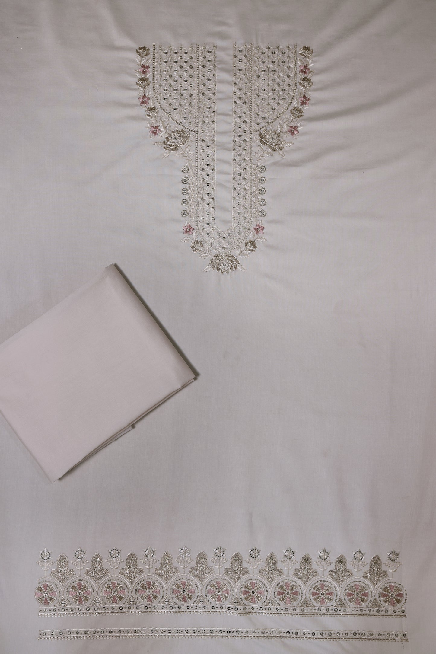 Unstitched Suit with Intricate White & Pink Thread Embroidery – Elegant Neck & Border Design