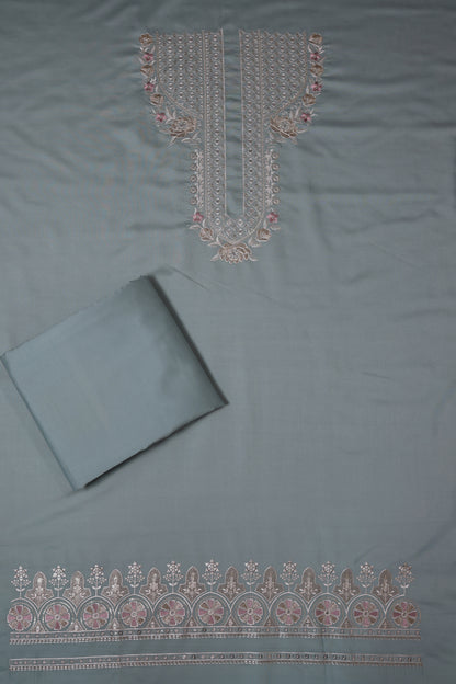 Unstitched Suit with Intricate White & Pink Thread Embroidery – Elegant Neck & Border Design