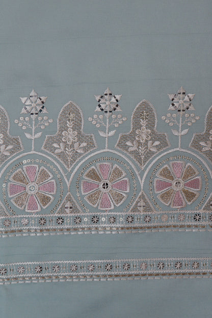 Unstitched Suit with Intricate White & Pink Thread Embroidery – Elegant Neck & Border Design