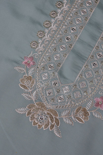 Unstitched Suit with Intricate White & Pink Thread Embroidery – Elegant Neck & Border Design