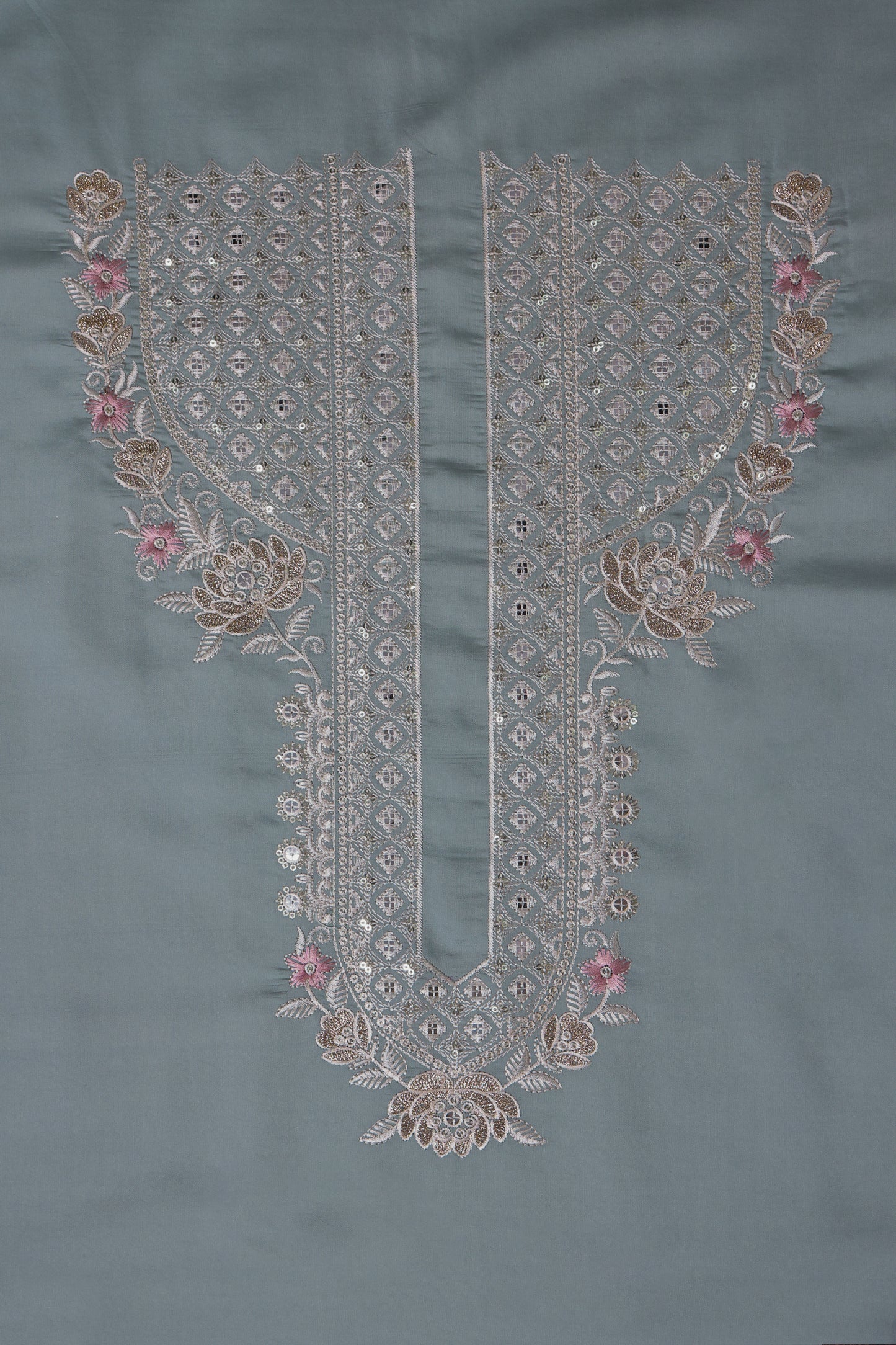 Unstitched Suit with Intricate White & Pink Thread Embroidery – Elegant Neck & Border Design
