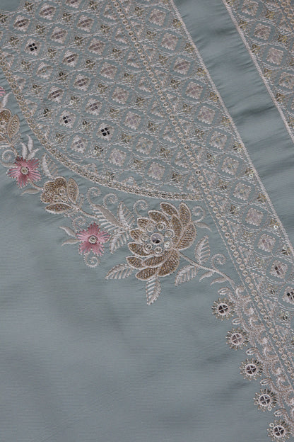 Unstitched Suit with Intricate White & Pink Thread Embroidery – Elegant Neck & Border Design