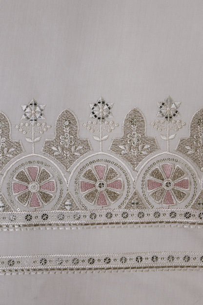Unstitched Suit with Intricate White & Pink Thread Embroidery – Elegant Neck & Border Design