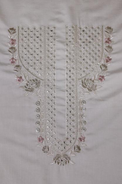 Unstitched Suit with Intricate White & Pink Thread Embroidery – Elegant Neck & Border Design