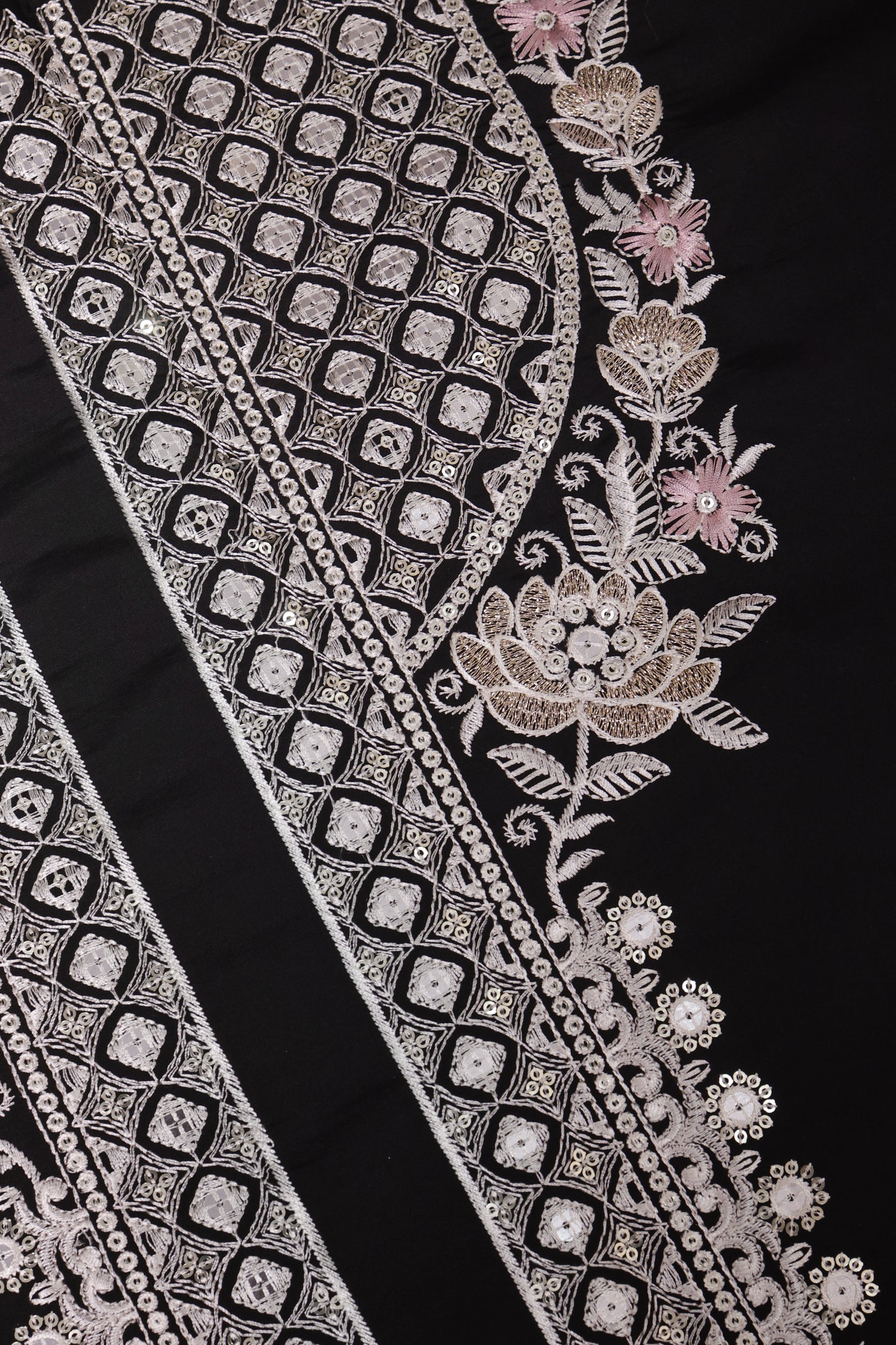 Unstitched Suit with Intricate White & Pink Thread Embroidery – Elegant Neck & Border Design