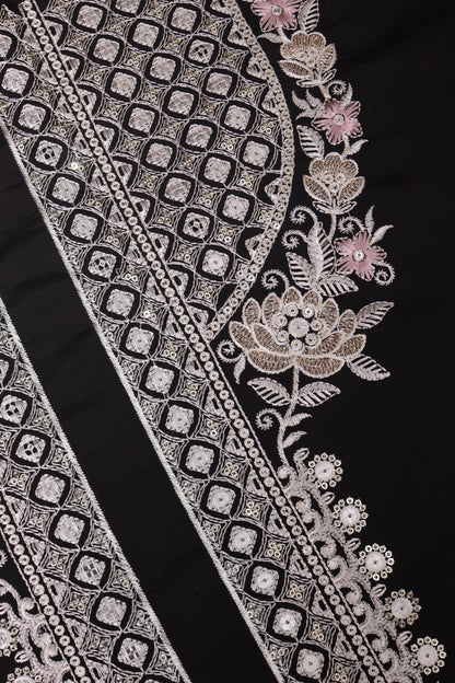 Unstitched Suit with Intricate White & Pink Thread Embroidery – Elegant Neck & Border Design