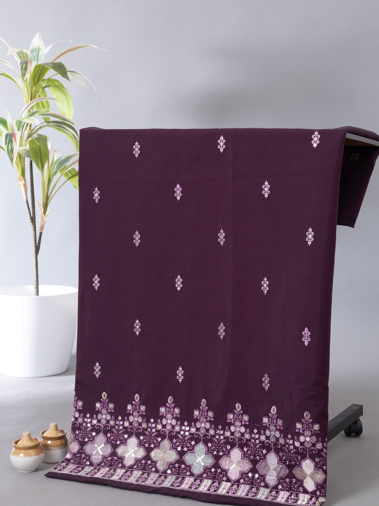 Royal Plum Zari Embroidered Fabric