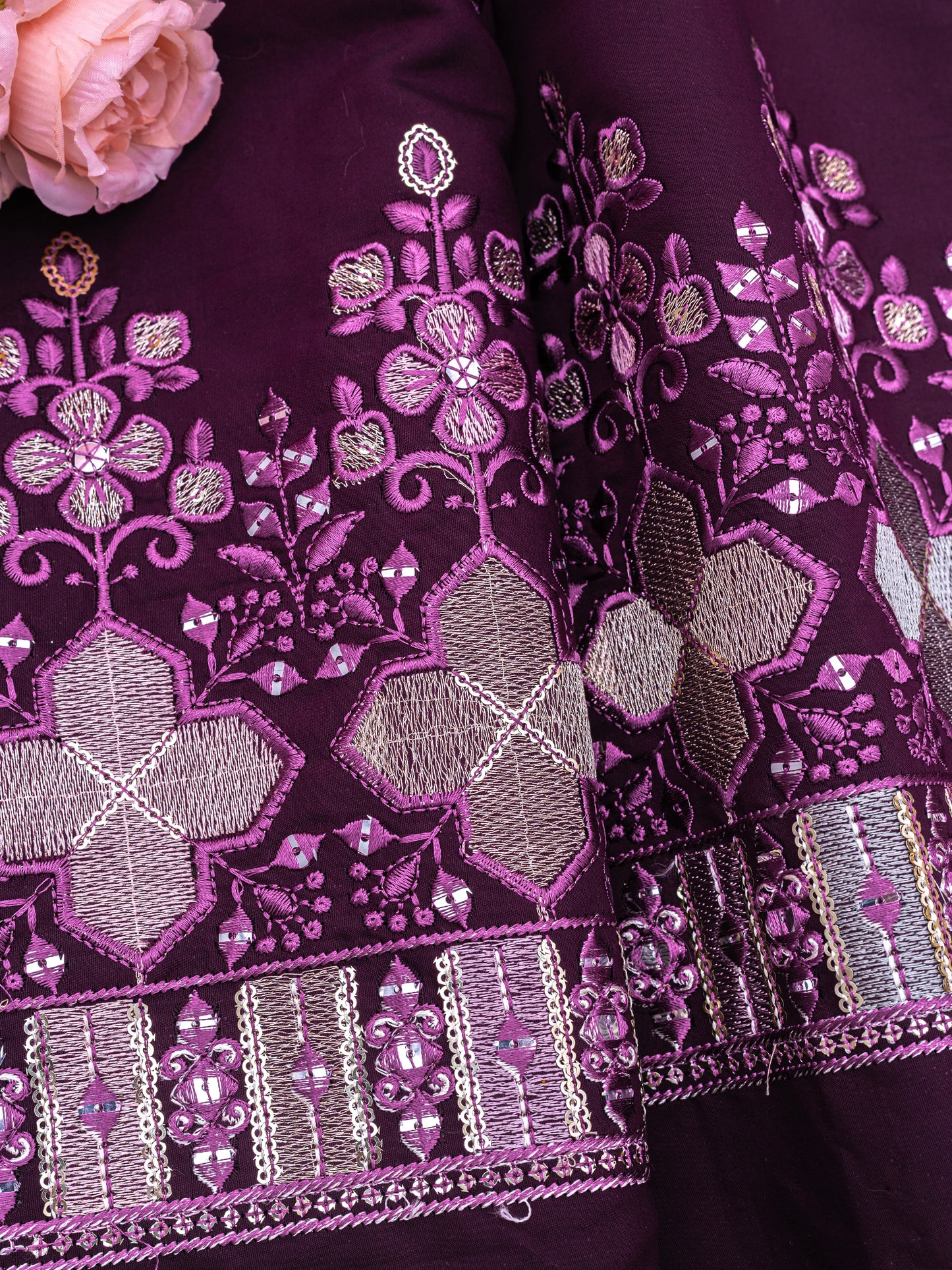 Royal Plum Zari Embroidered Fabric