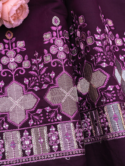 Royal Plum Zari Embroidered Fabric
