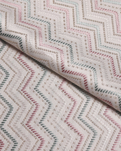 Elegant Zig-Zag Multicolor Embroidered Fabric on Silk