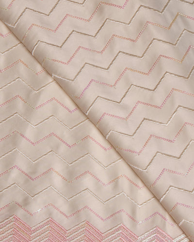 Cream with Red Zig-Zag Embroidery Silk Fabric