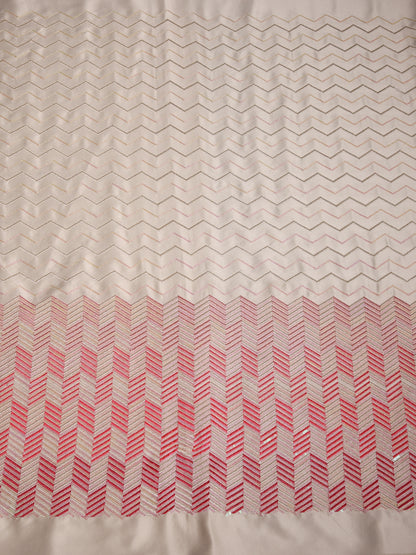 Cream with Red Zig-Zag Embroidery Silk Fabric